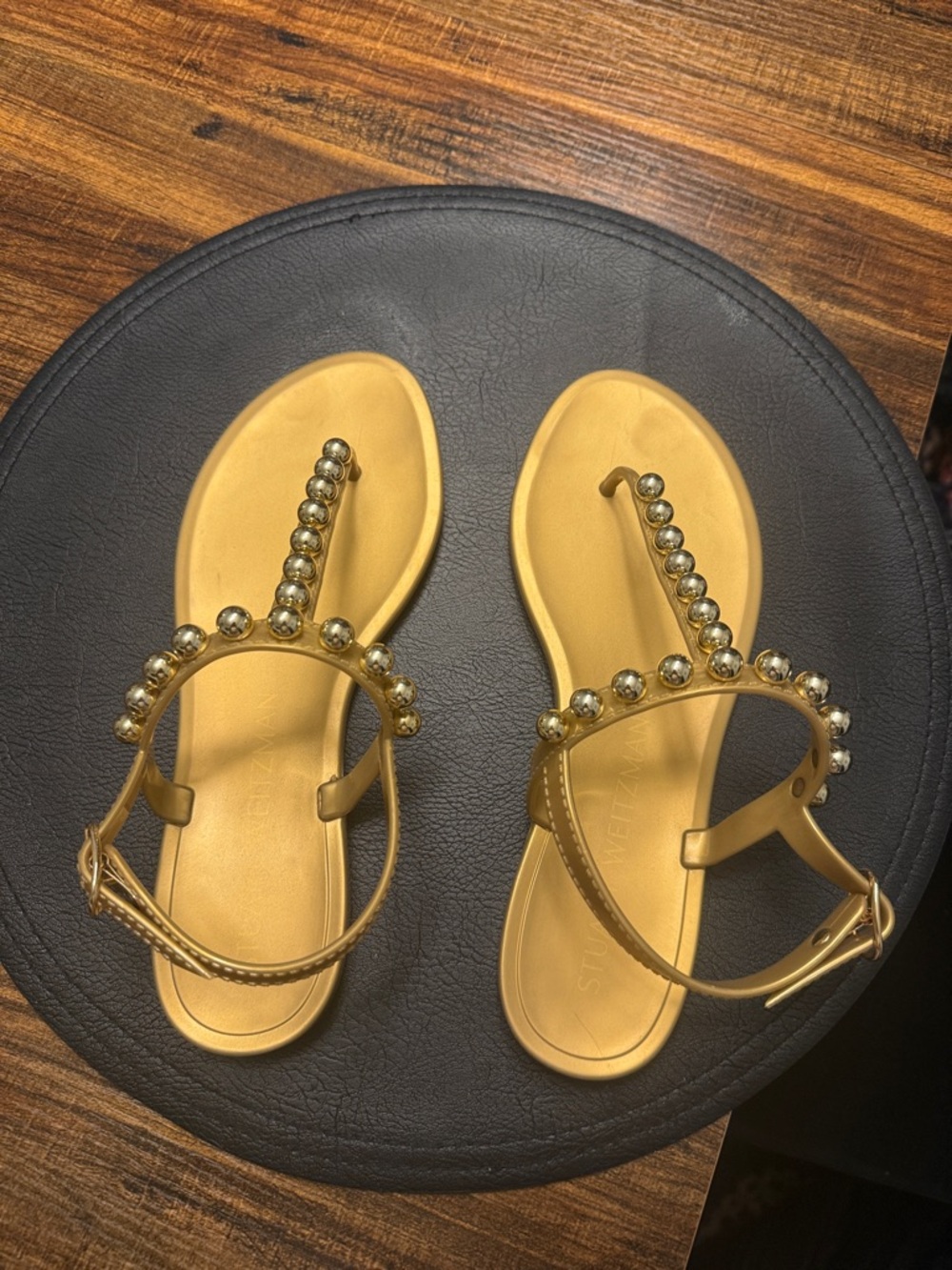 Stuart Weitzman Gold Beaded T-Strap Sandals